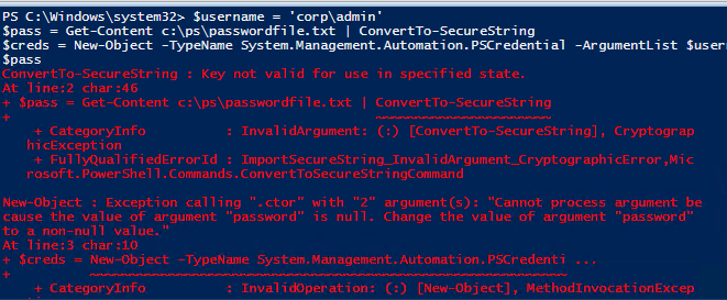 ConvertTo-SecureString : Key not valid for use in specified state