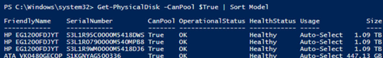 Get-PhysicalDisk CanPool s2d