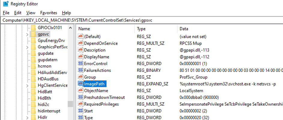 gpsvc service registry key