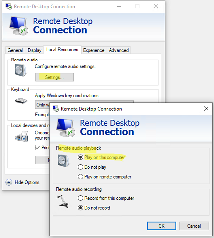 rdp play sound on remote computer