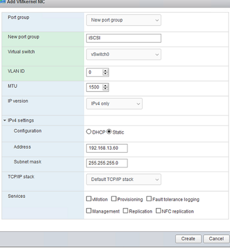 set static ip address for iscsi vmkernel port on esxi