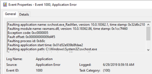 svchost.exe_RasMan Always on VPN connection error