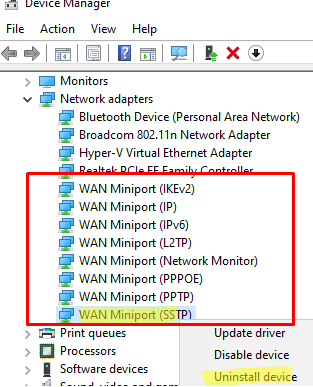 uninstall WAN Miniport adapters in windows