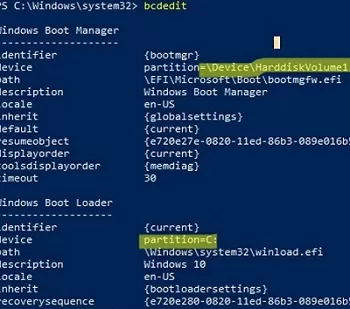 bcdedit: get Windows bootloader cinfiguration and partition used