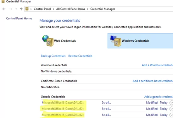 clear office 365 cached credentials