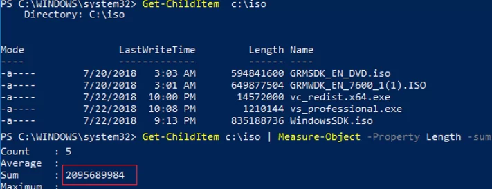 get-childrenitem - powershell - folder size 