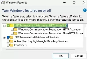 install .net 3.5 framework on windows 11 and 10 via control panel