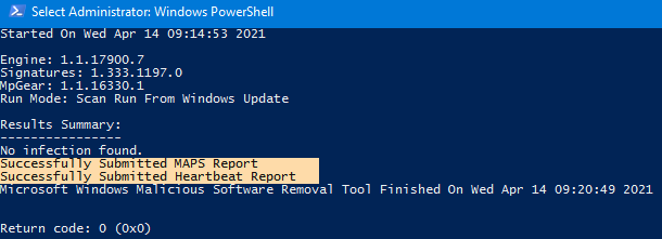 Malicious Software Removal Tool log - Successfully Submitted Heartbeat Report