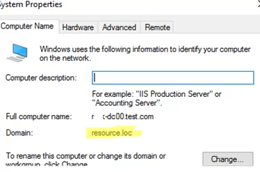 new domain name in the computer properties