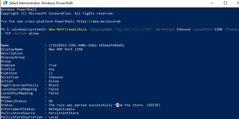 New-NetFirewallRule - allow incoming new rdp port connections
