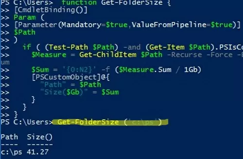 powershell function get-foldersize