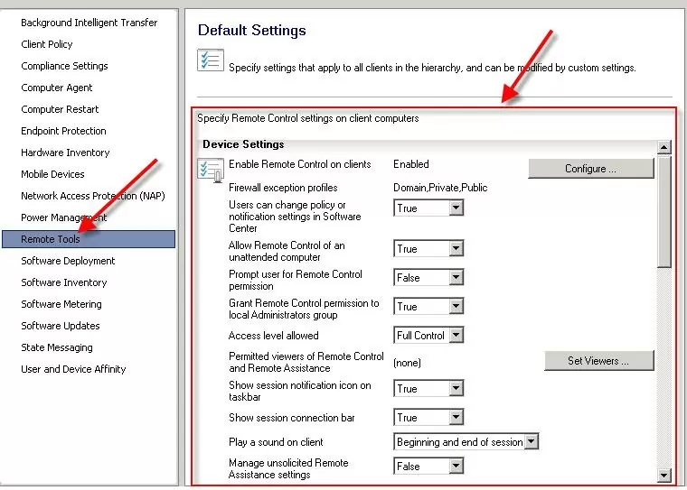 Specify remote control settings on client computers