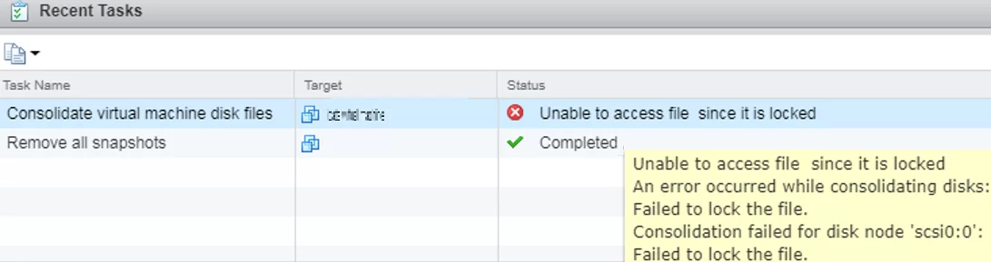 vm consolidate: Unable to access file since it is locked. An error occurred while consolidating disks: Failed to lock the file. Consolidation failed for disk node 